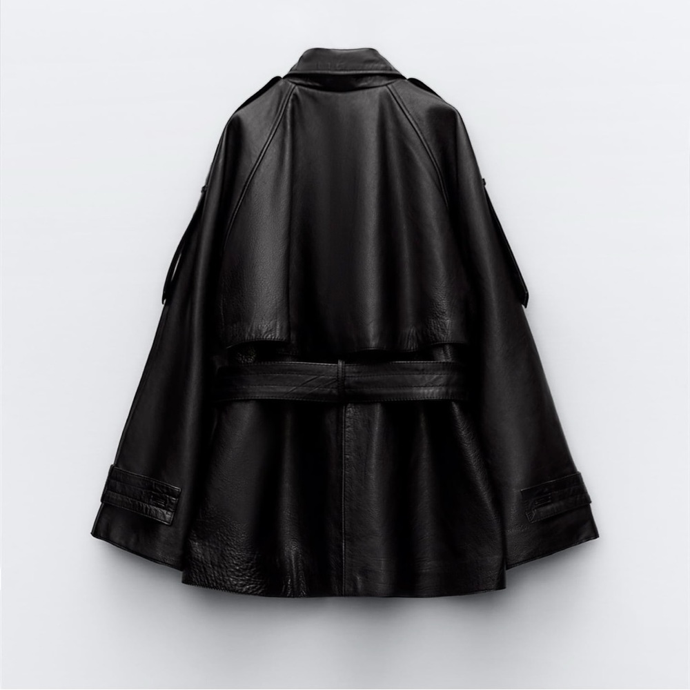 Zara Black Oversized Leather Trench Coat with Belt - Picture 7 of 10